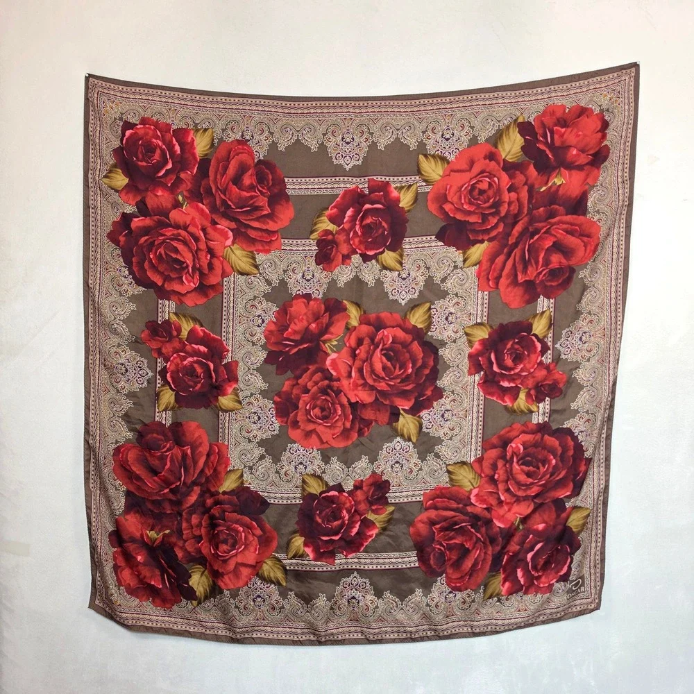 Oscar Scarf Womens 34x34 Brown Red Rose Floral Paisley Romantic Cottagecore